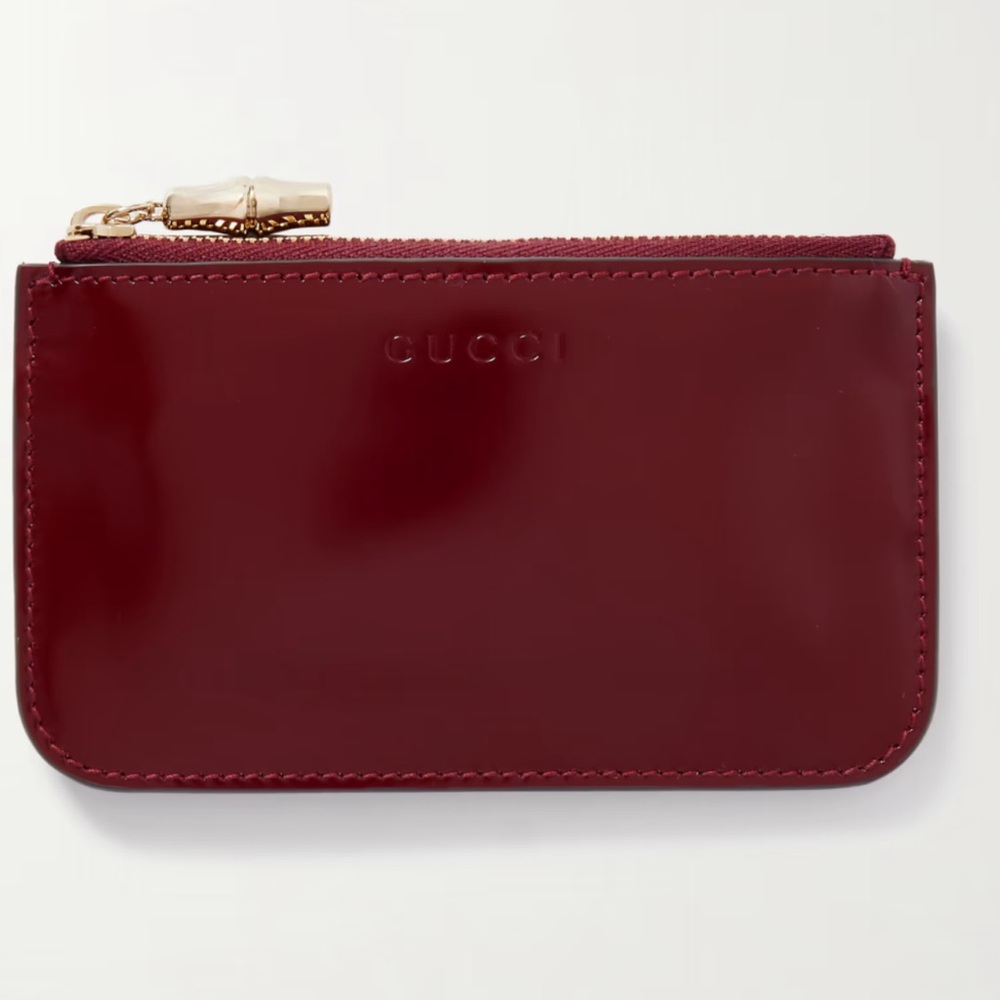 Gucci Deep Red Coin pouch ,, polished Leather with Gold Zip Bamboo charm NWT - Picture 3 of 9